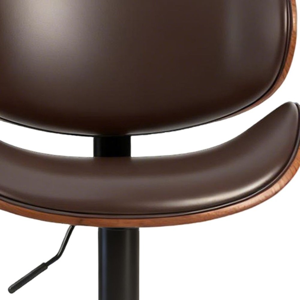 Set of Two Brown and Black Faux Leather Wood And Aluminum Adjustable Height Swivel Bar Chairs