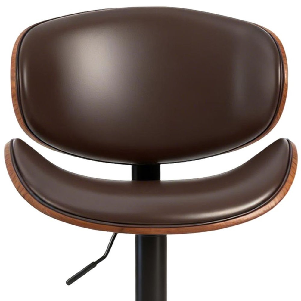 Set of Two Brown and Black Faux Leather Wood And Aluminum Adjustable Height Swivel Bar Chairs