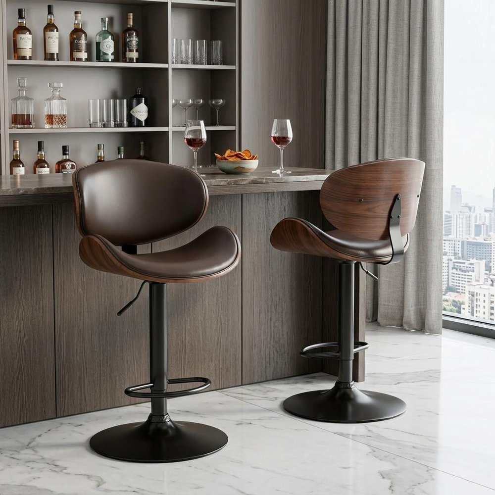 Set of Two Brown and Black Faux Leather Wood And Aluminum Adjustable Height Swivel Bar Chairs