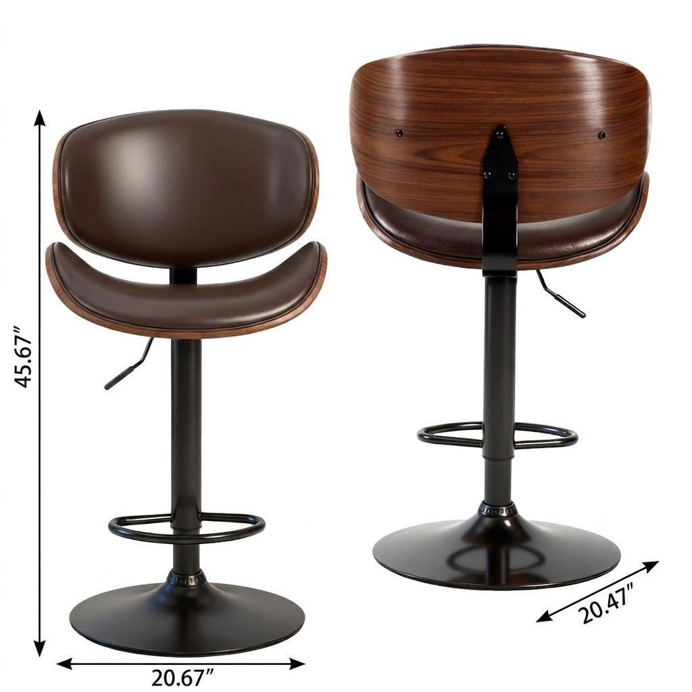 Set of Two Brown and Black Faux Leather Wood And Aluminum Adjustable Height Swivel Bar Chairs