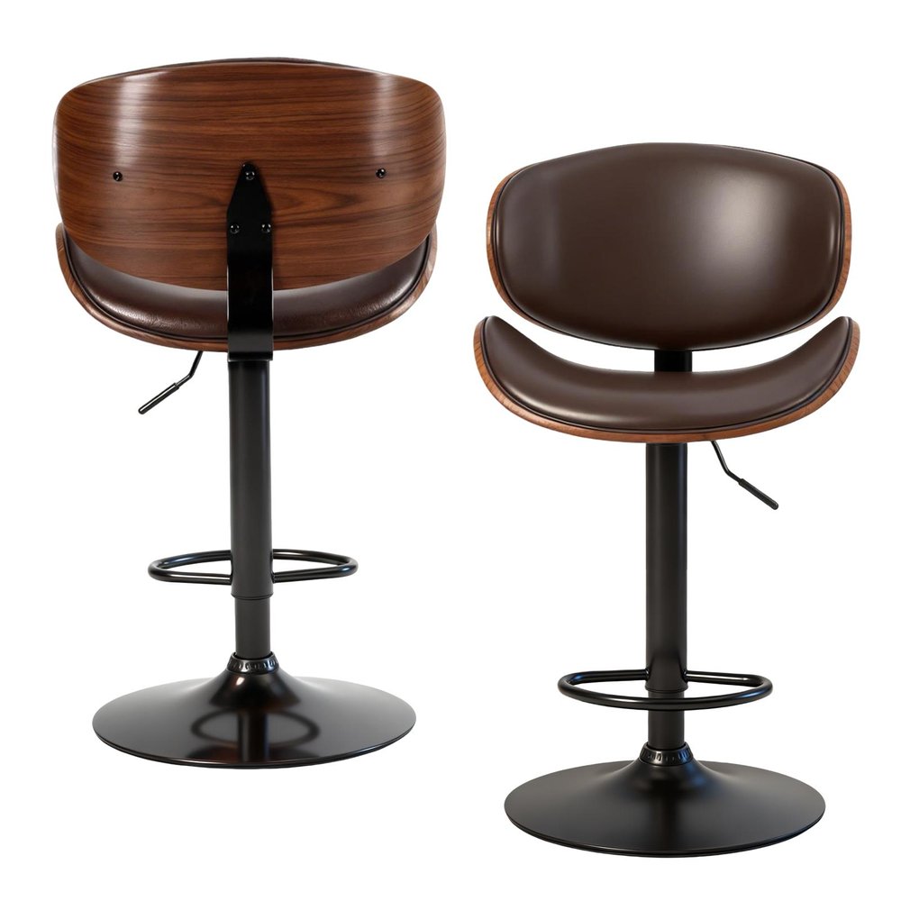 Set of Two Brown And Black Faux Leather Aluminum And Wood Adjustable Height Swivel Bar Chairs on a white background