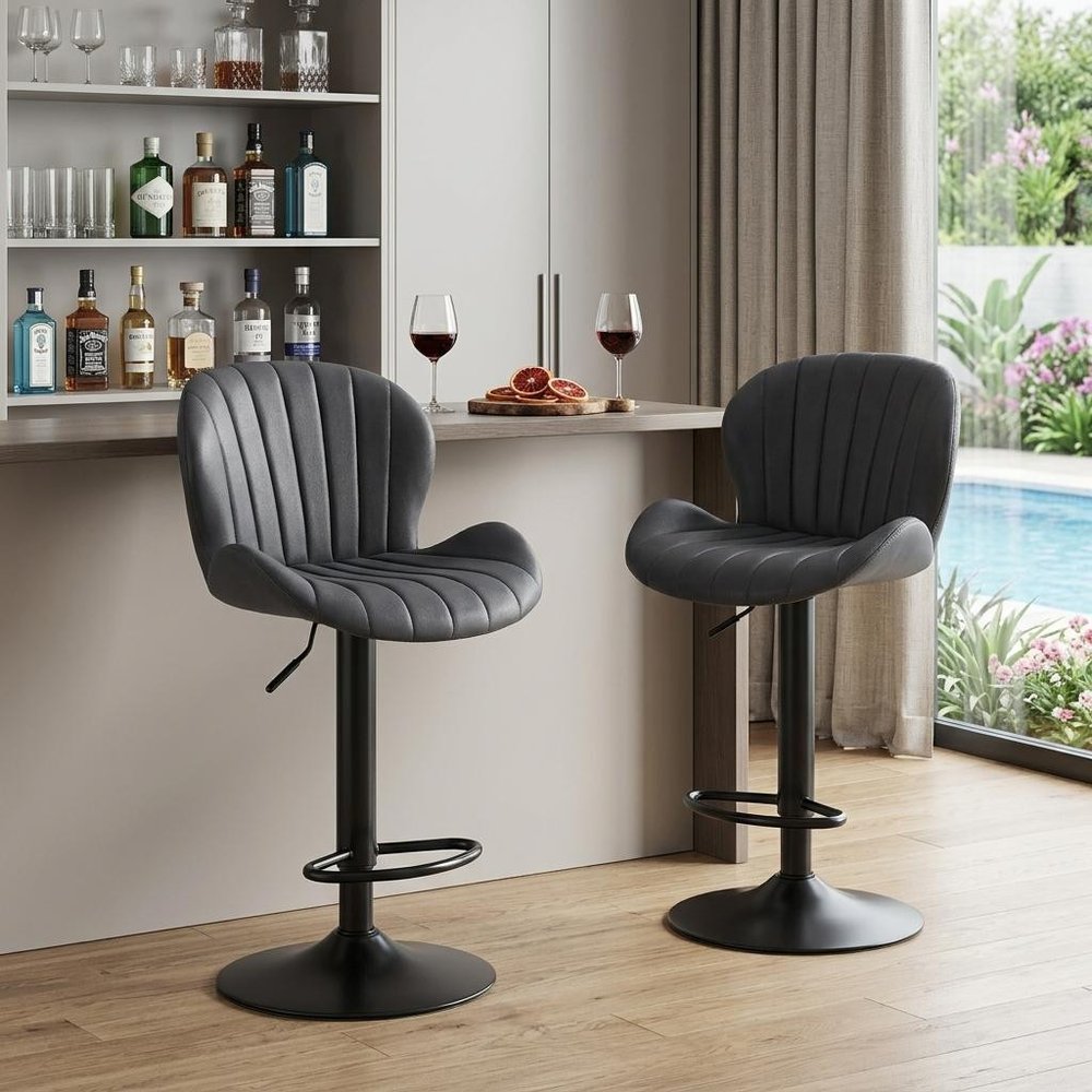 Set of Two Black Faux Leather and Aluminum Adjustable Height Swivel Bar Chairs - SKU 724338