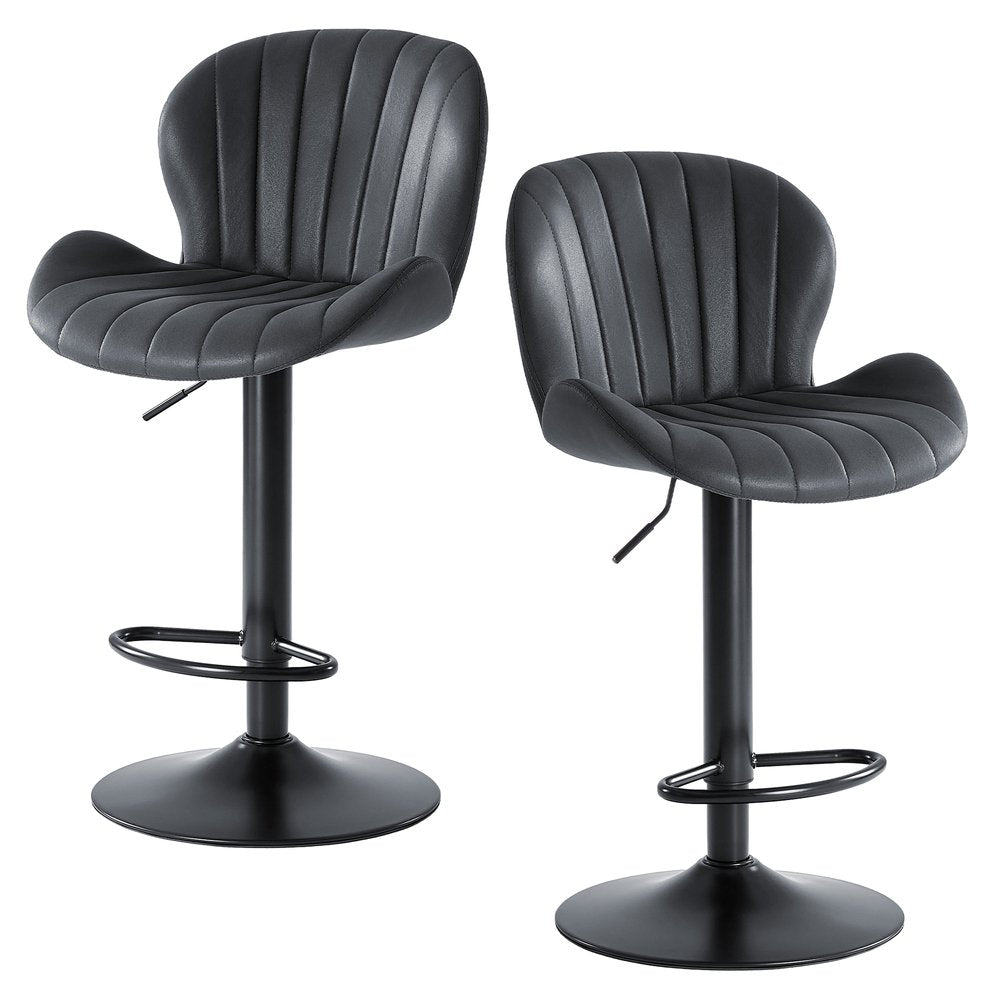 Two black adjustable height swivel bar chairs with faux leather seats and aluminum bases on a white background.