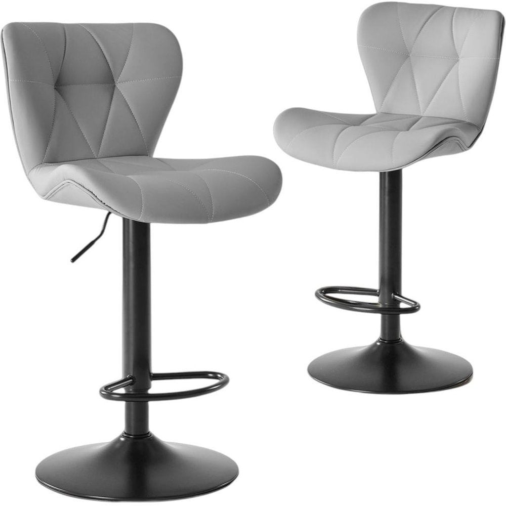 Set of Two Gray and Black Faux Leather and Aluminum Adjustable Height Swivel Bar Chairs