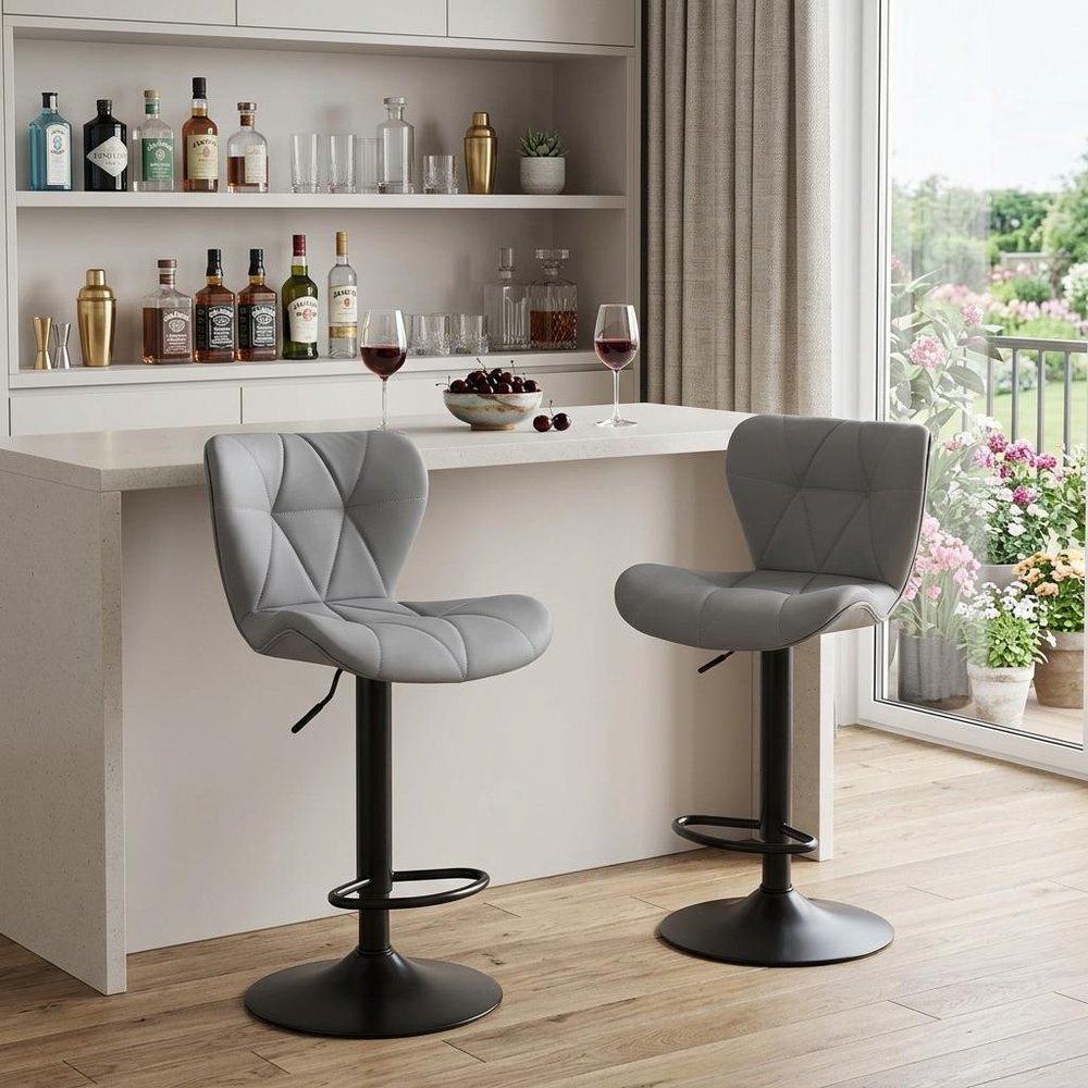 Set of Two Gray and Black Faux Leather and Aluminum Adjustable Height Swivel Bar Chairs