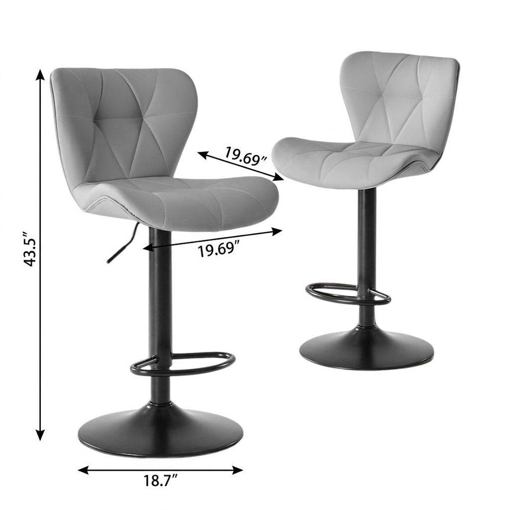 Set of Two Gray and Black Faux Leather and Aluminum Adjustable Height Swivel Bar Chairs