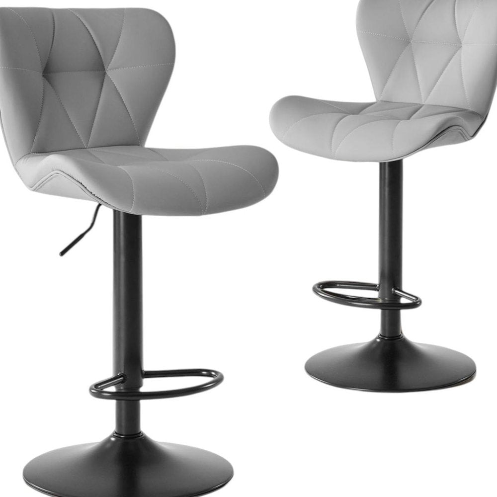 Set of Two Gray And Black Faux Leather And Aluminum Adjustable Height Swivel Bar Chairs on a white background