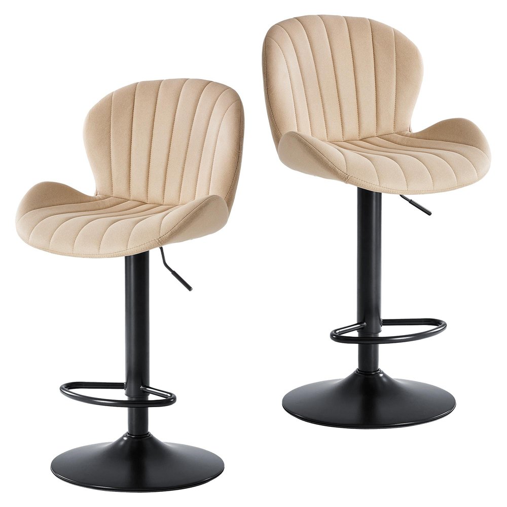 Set of Two Beige And Black Faux Leather And Aluminum Adjustable Height Swivel Bar Chairs on a white background