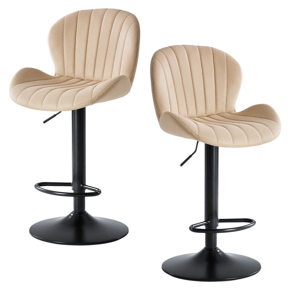 Set of Two Beige and Black Faux Leather and Aluminum Adjustable Height Swivel Bar Chairs