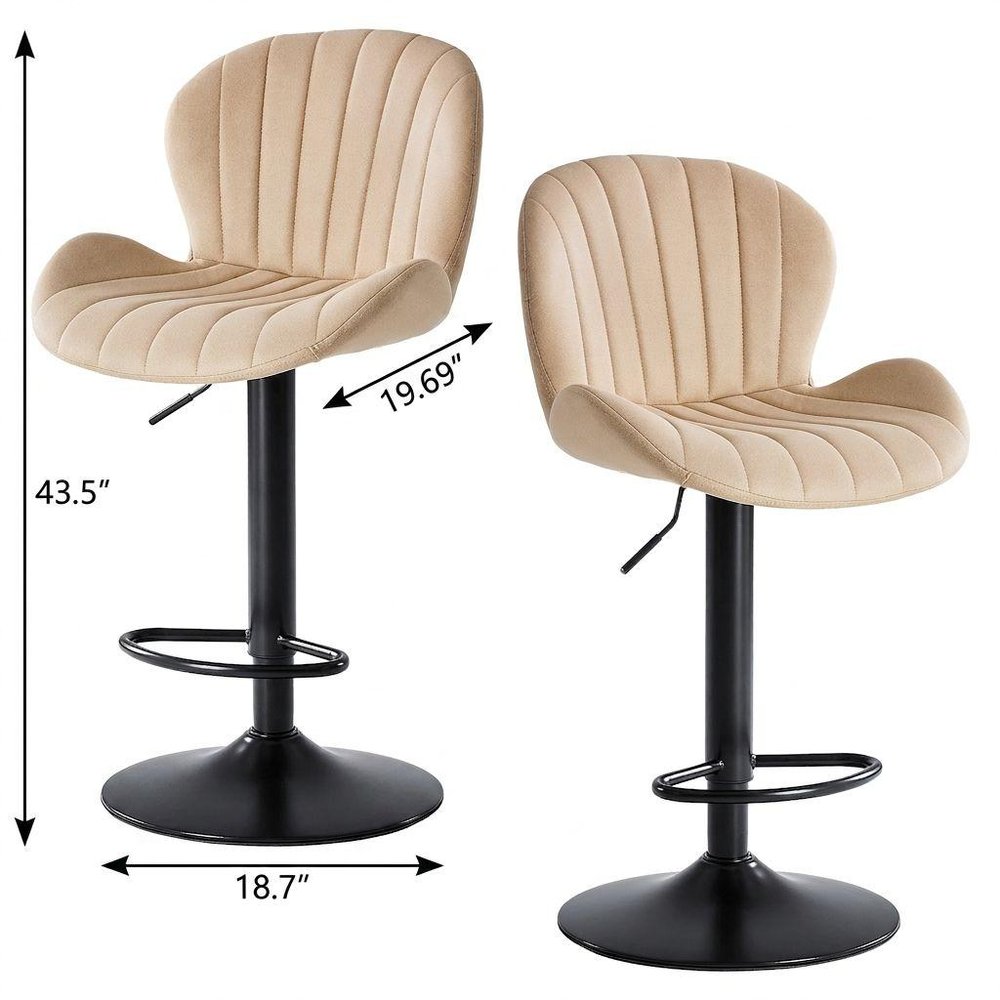 Set of Two Beige and Black Faux Leather and Aluminum Adjustable Height Swivel Bar Chairs