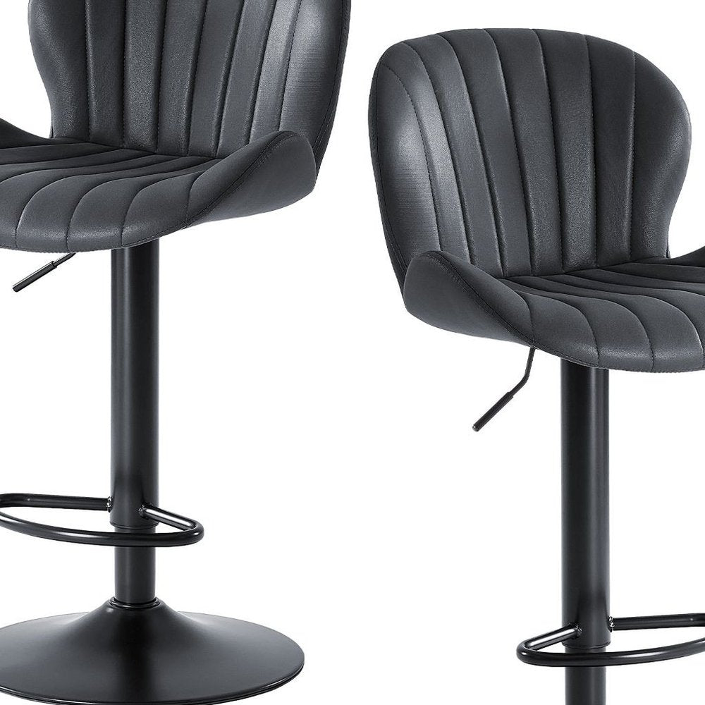 Set of Two Black Faux Leather and Aluminum Adjustable Height Swivel Bar Chairs