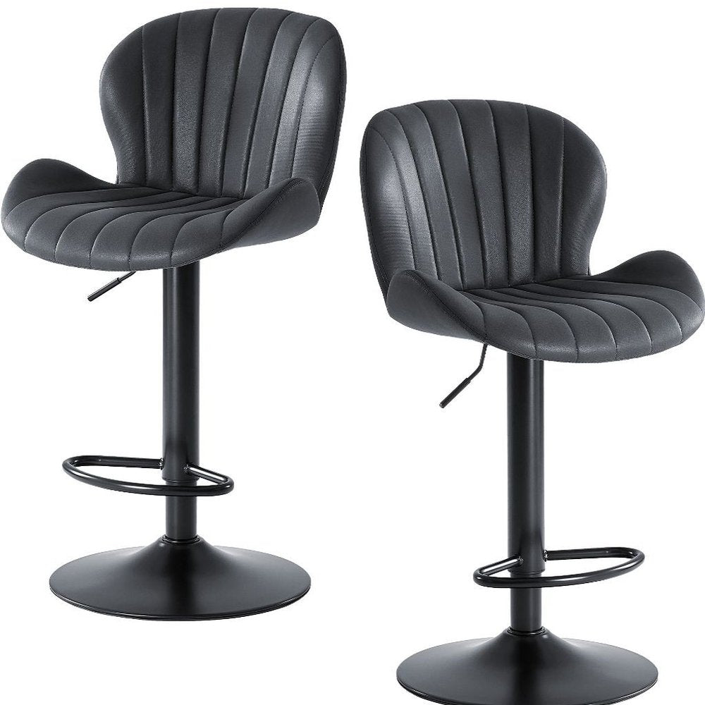Set of Two Black Faux Leather and Aluminum Adjustable Height Swivel Bar Chairs
