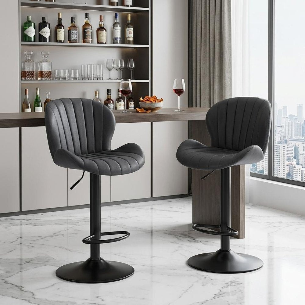 Set of Two Black Faux Leather and Aluminum Adjustable Height Swivel Bar Chairs
