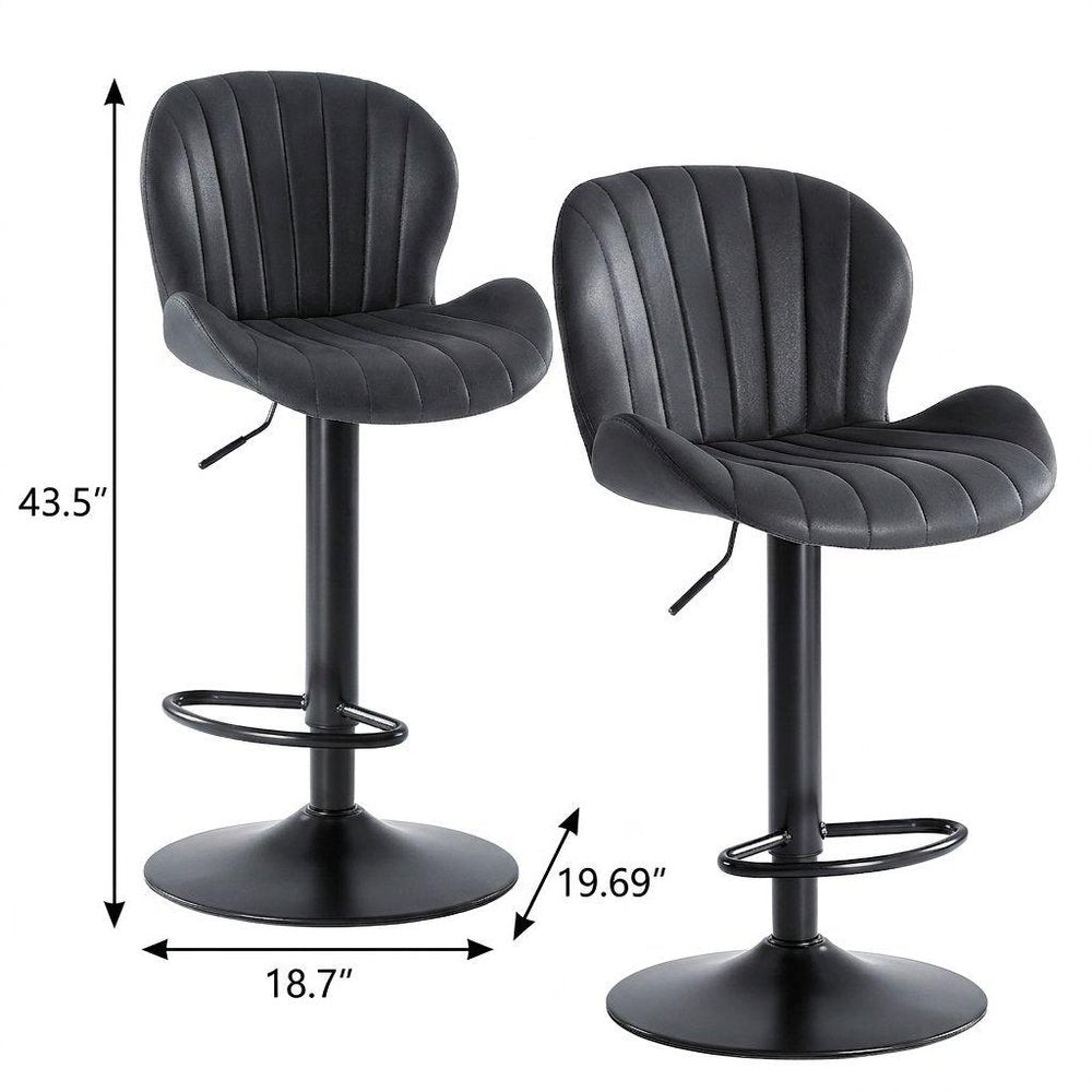 Set of Two Black Faux Leather and Aluminum Adjustable Height Swivel Bar Chairs