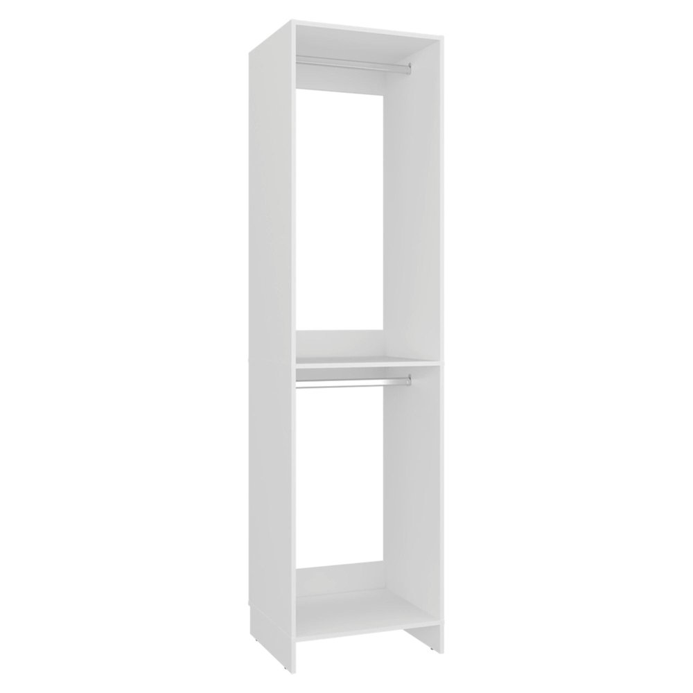 White closet organizer with two shelves and a hanging rod against a white background.