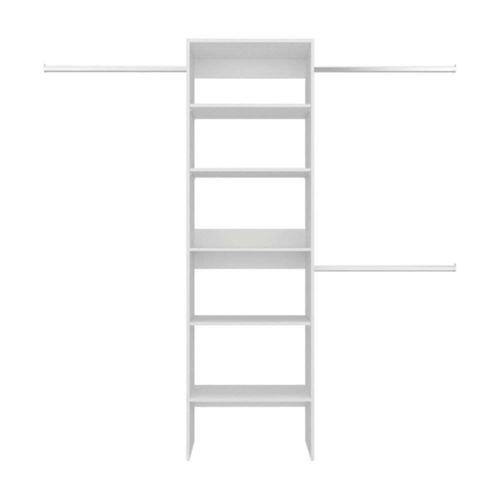 White closet shelving unit with multiple shelves and two hanging rods against a white background.