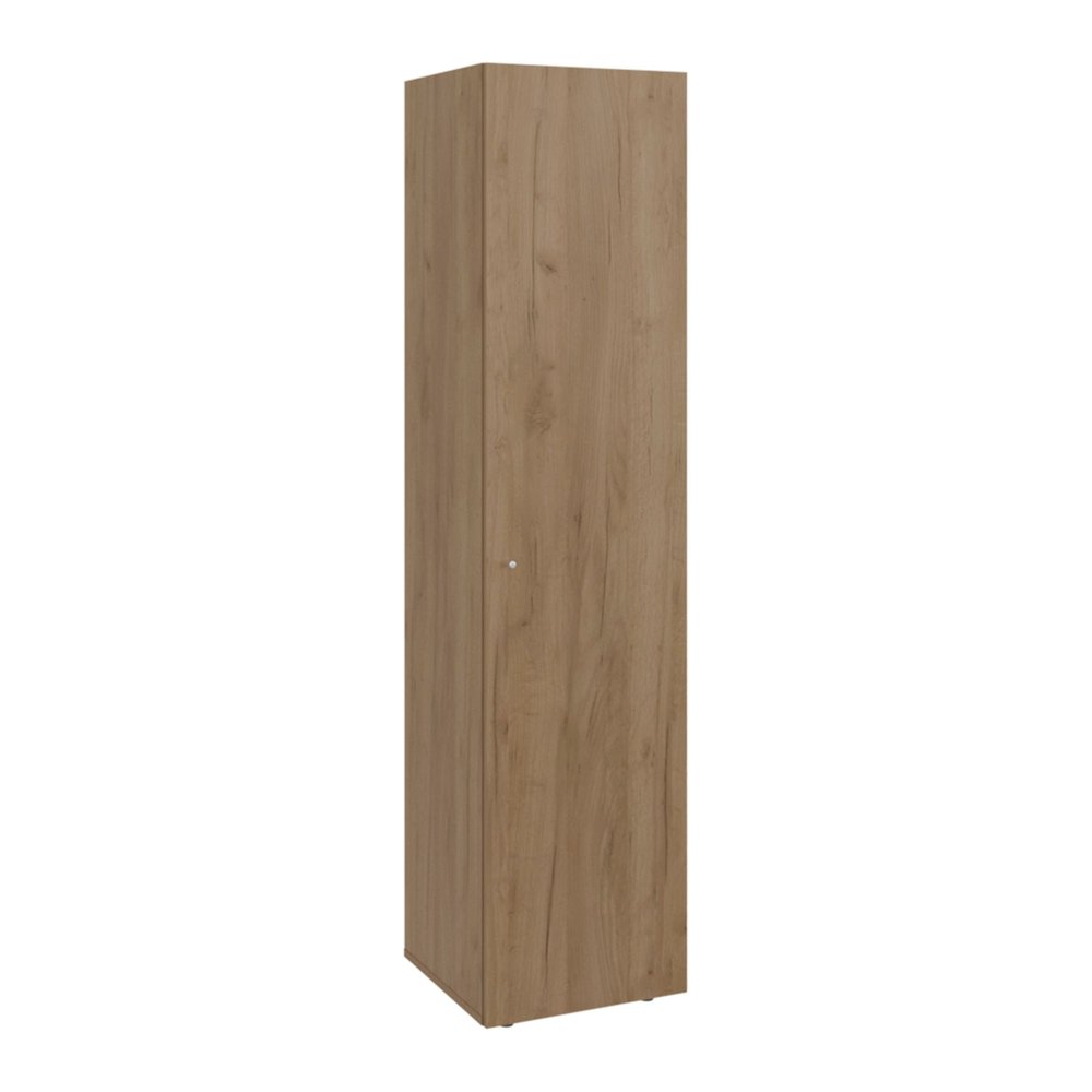 Tall, narrow beige wood cabinet with a single door and a small silver knob, shown against a white background.