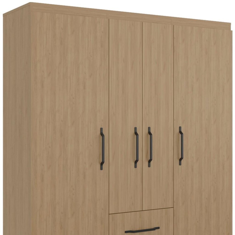 A light brown wood grain wardrobe with four doors and a drawer, featuring black handles.