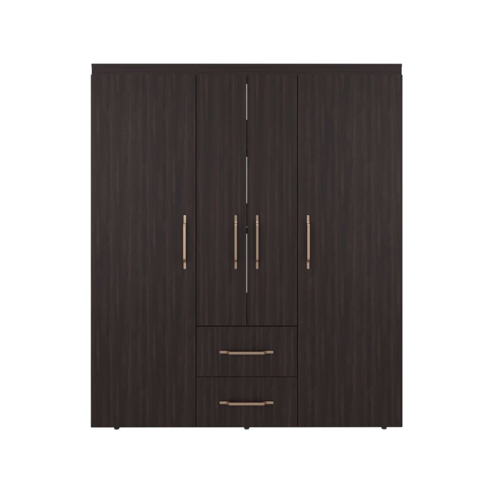 Dark brown wood grain wardrobe with four doors and two drawers, against a white background.