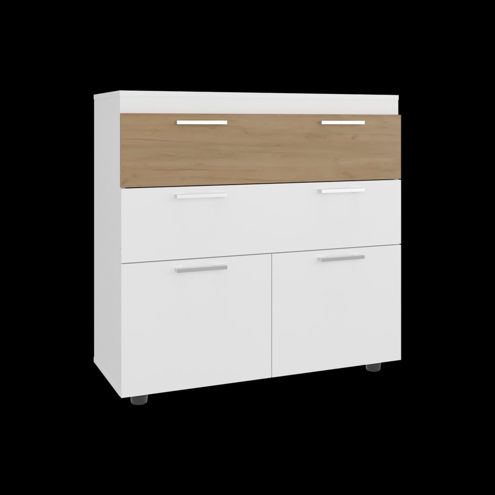 White and wood-grain cabinet with two drawers and two doors, on a black background.