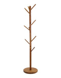 67" Brown Solid Wood Ten Hook Freestanding Coat Rack. Coat hanger isolated on a plain white background, showing a brown wood surface.