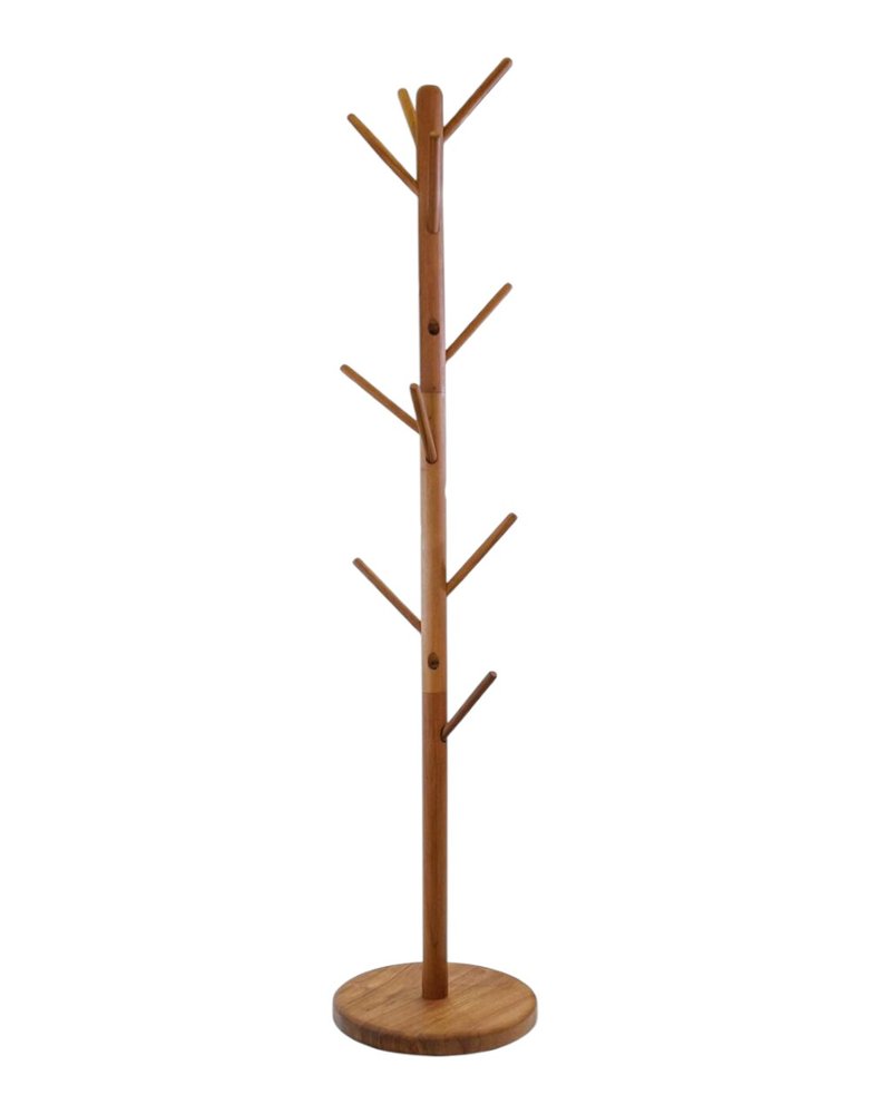 67" Brown Solid Wood Ten Hook Freestanding Coat Rack. Coat hanger isolated on a plain white background, showing a brown wood surface.