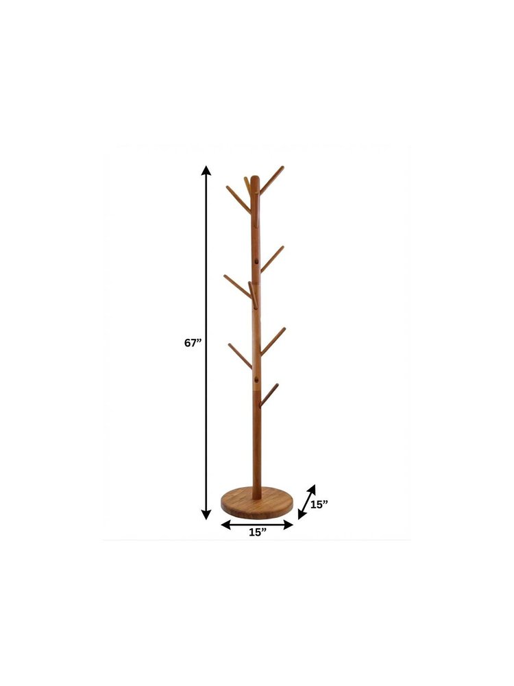 67" Brown Solid Wood Ten Hook Freestanding Coat Rack