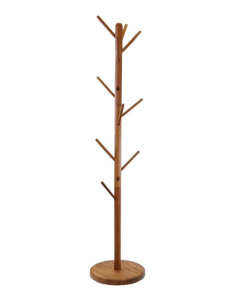 67" Brown Solid Wood Ten Hook Freestanding Coat Rack. Coat hanger isolated on a plain white background, finished in brown wood.