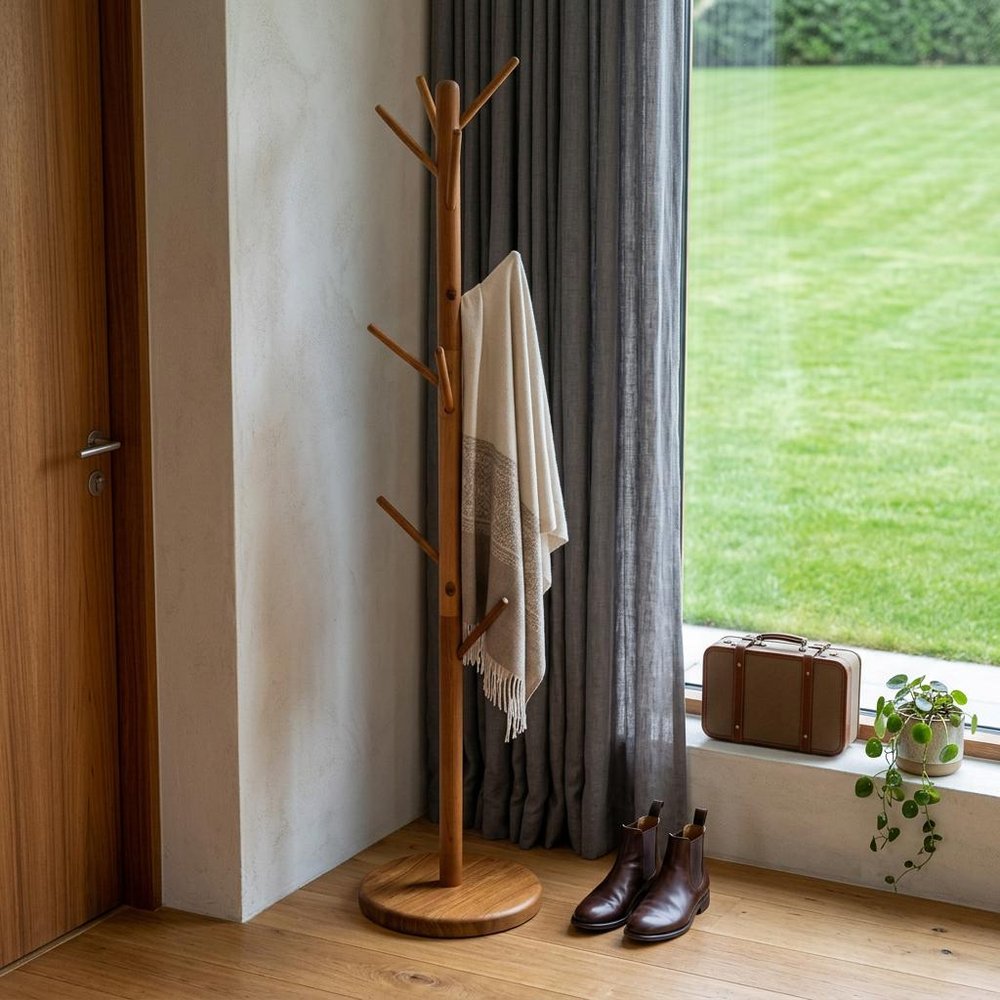 67" Brown Solid Wood Ten Hook Freestanding Coat Rack