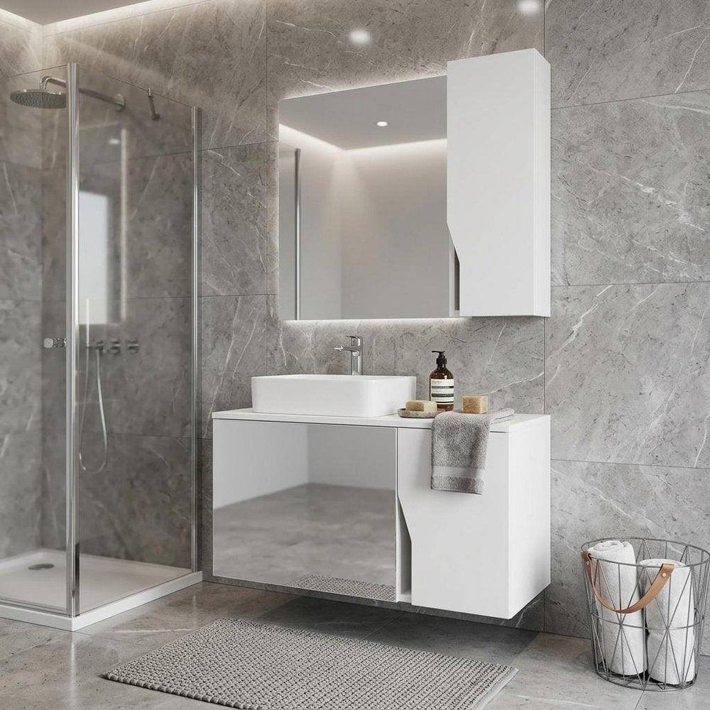 7" White Wood Floating Double Door Bathroom Vanity And Medicine Cabinet With Mirror close-up detail