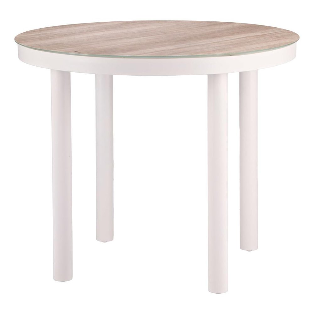 36" Natural and White Glass Wood and Aluminum Round Outdoor Dining Table