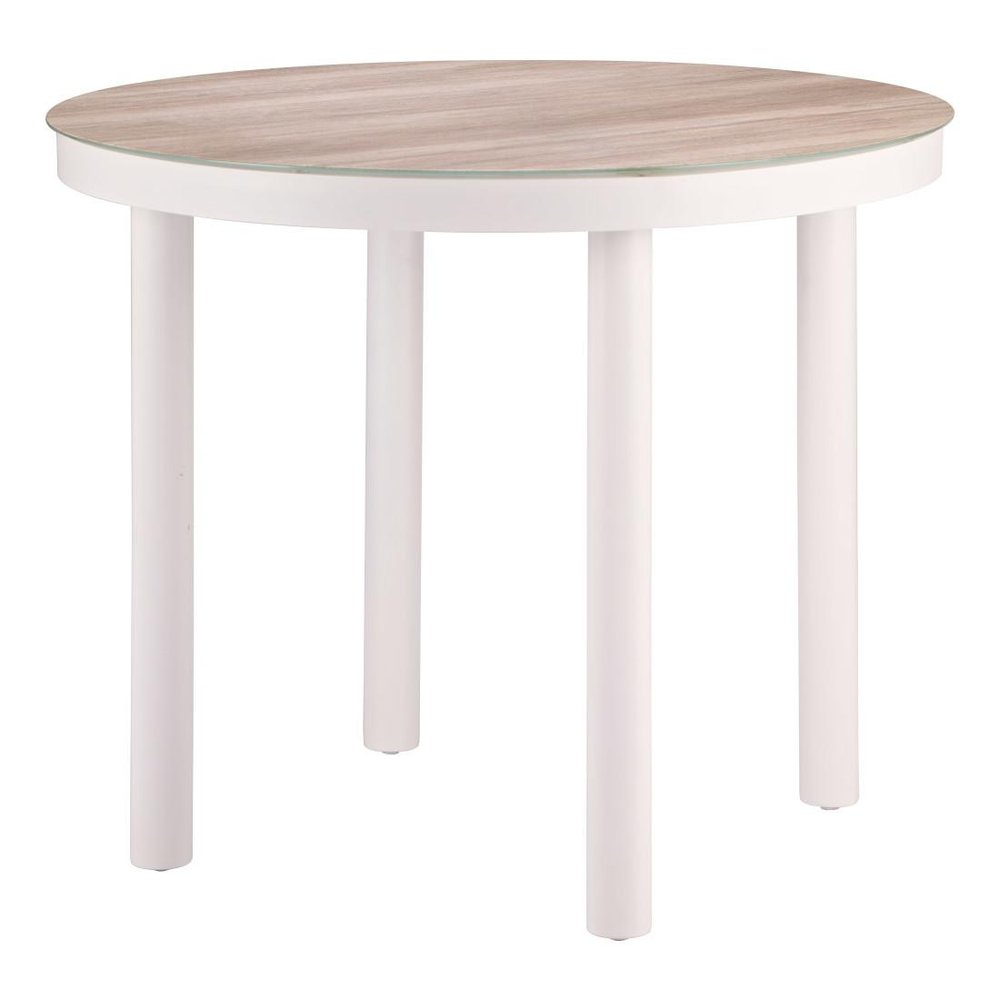 36" Natural and White Glass Wood and Aluminum Round Outdoor Dining Table. Outdoor table isolated on a plain white background, showing a white glass surface.