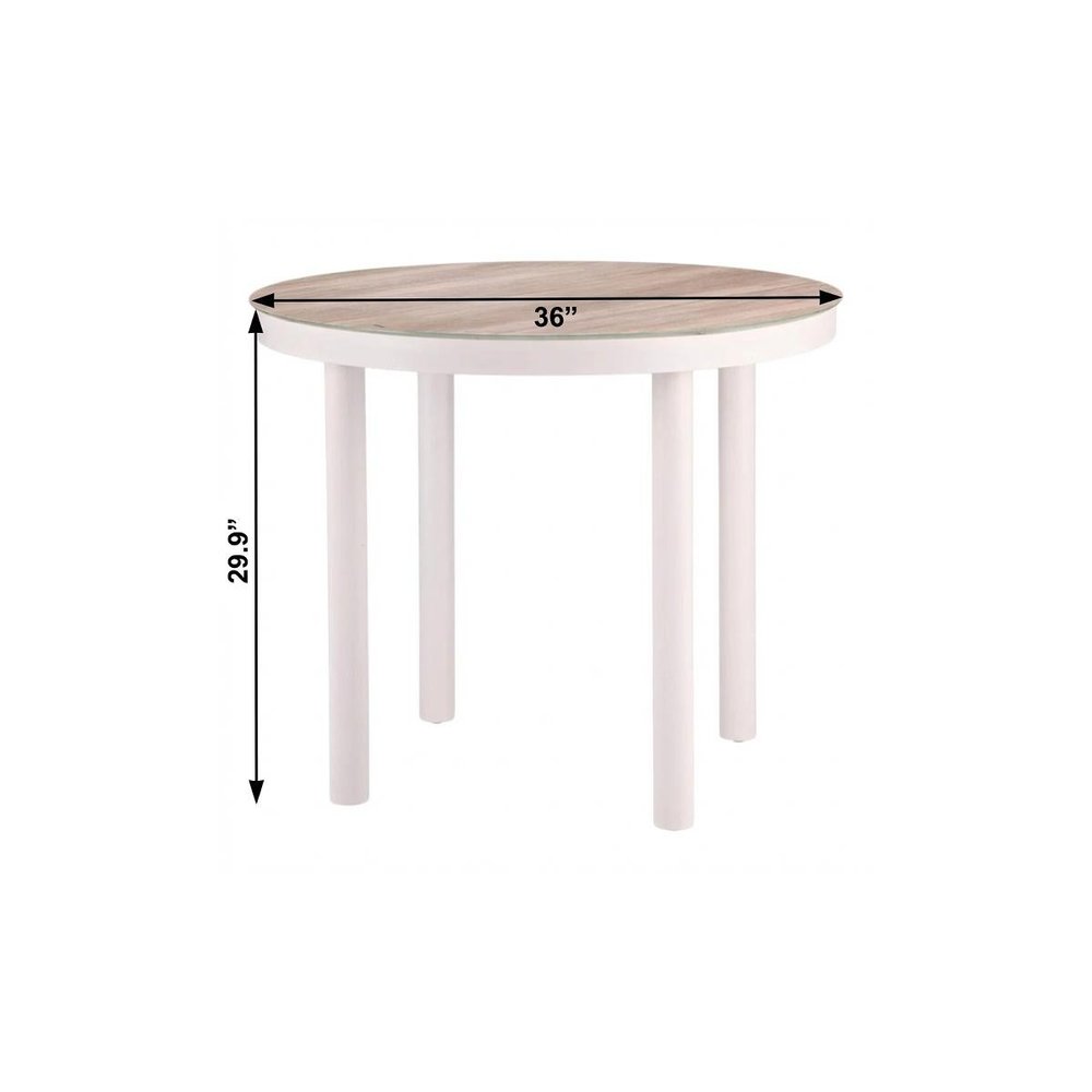 36" Natural and White Glass Wood and Aluminum Round Outdoor Dining Table. Outdoor table isolated on a plain white background, showing a white glass surface.