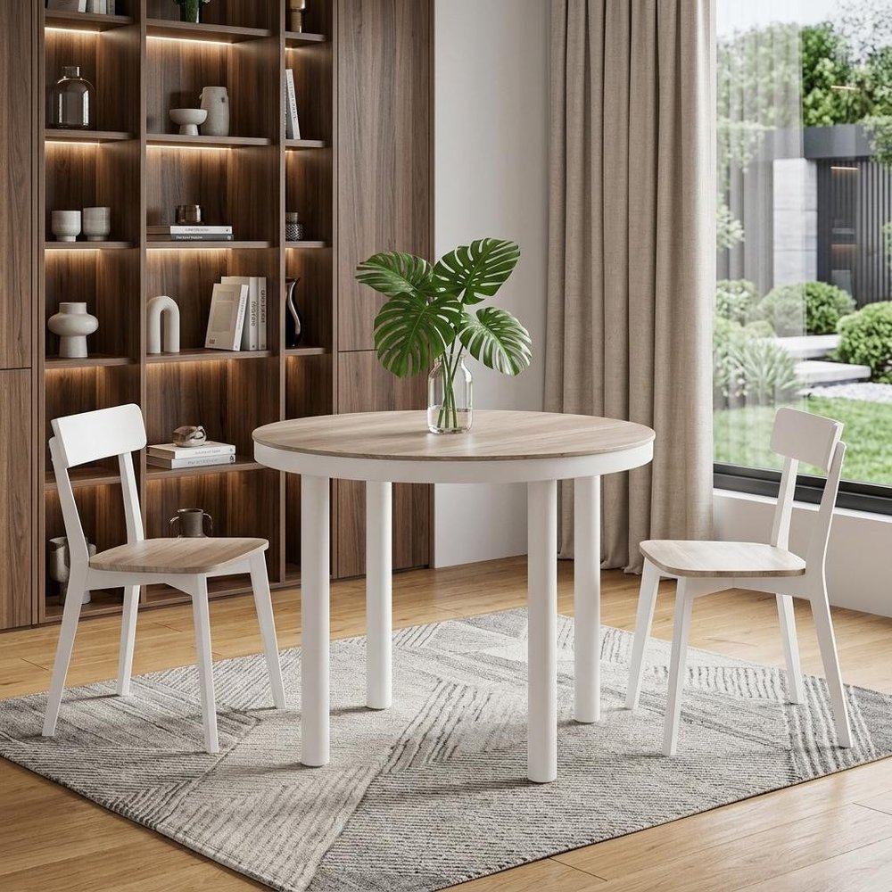 36" Natural and White Glass Wood and Aluminum Round Outdoor Dining Table shown outdoors on a patio in tan glass.