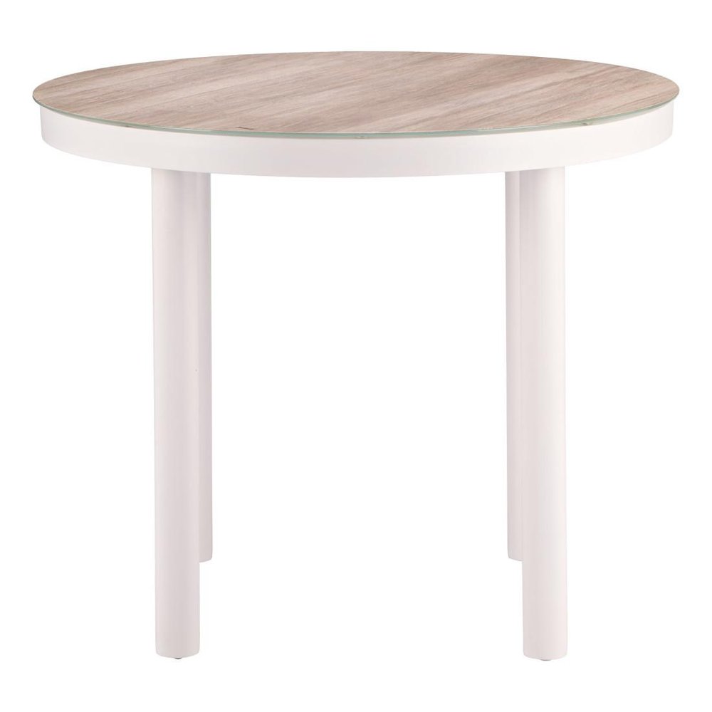 36" Natural and White Glass Wood and Aluminum Round Outdoor Dining Table