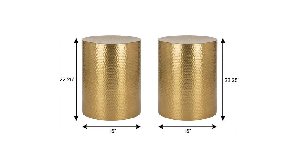 Set of Two Hammered Gold Iron Round Drum End Tables on a white background