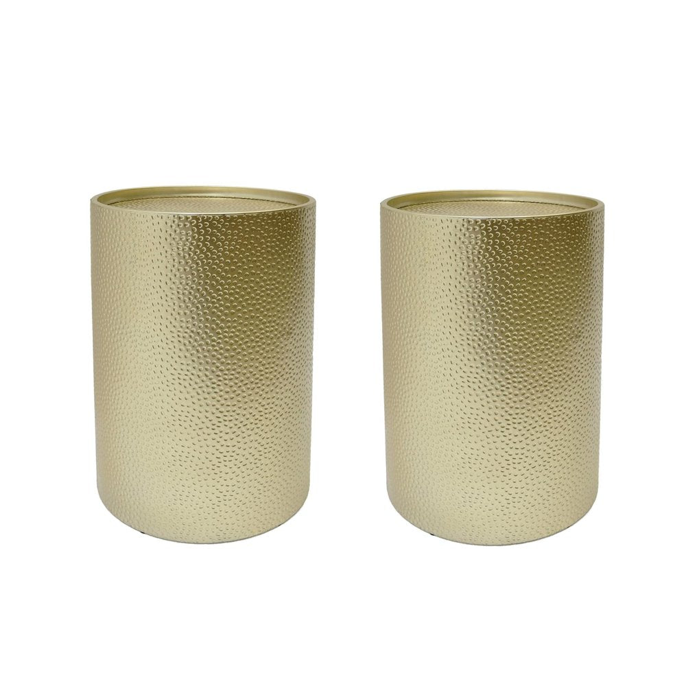 Set of Two Hammered Gold Iron Round Drum End Tables on a white background