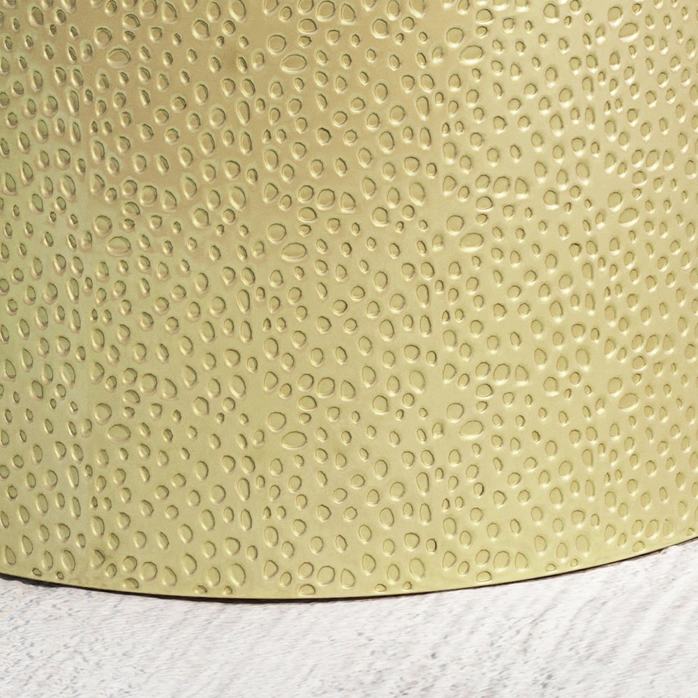 Set of Two Hammered Gold Iron Round Drum End Tables in a home interior