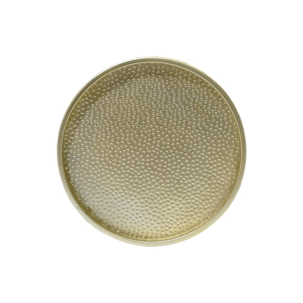 Set of Two Hammered Gold Iron Round Drum End Tables on a white background
