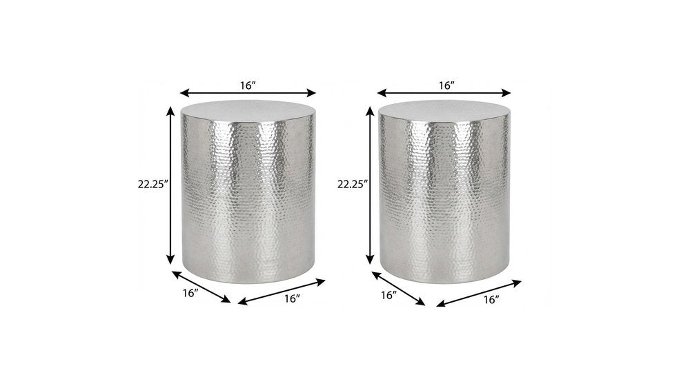 Set of Two Hammered Gold Iron Round Drum End Tables on a white background