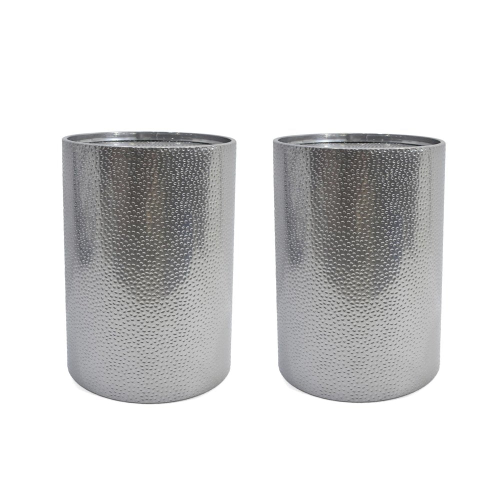 Set of Two Hammered Gold Iron Round Drum End Tables on a white background