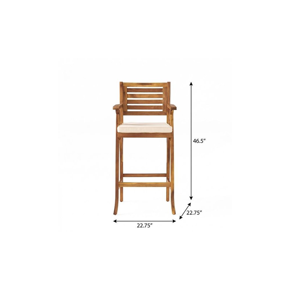 30" Natural Solid Wood Outdoor Bar Height Chair. Outdoor bar chair isolated on a plain white background, finished in tan wood.