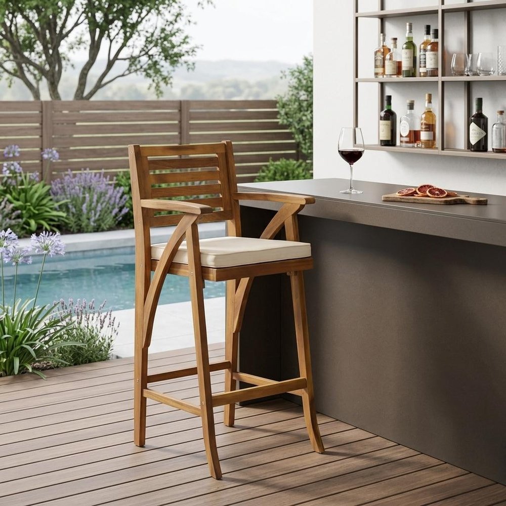 30" Natural Solid Wood Outdoor Bar Height Chair. Outdoor bar chair in tan wood.