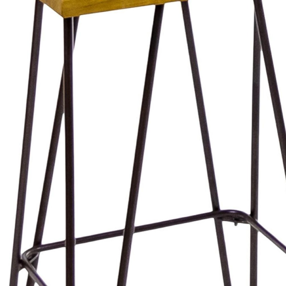 Set of Two 30" Brown and Natural Solid Wood Low Back Outdoor Bar Height Chairs on a white background