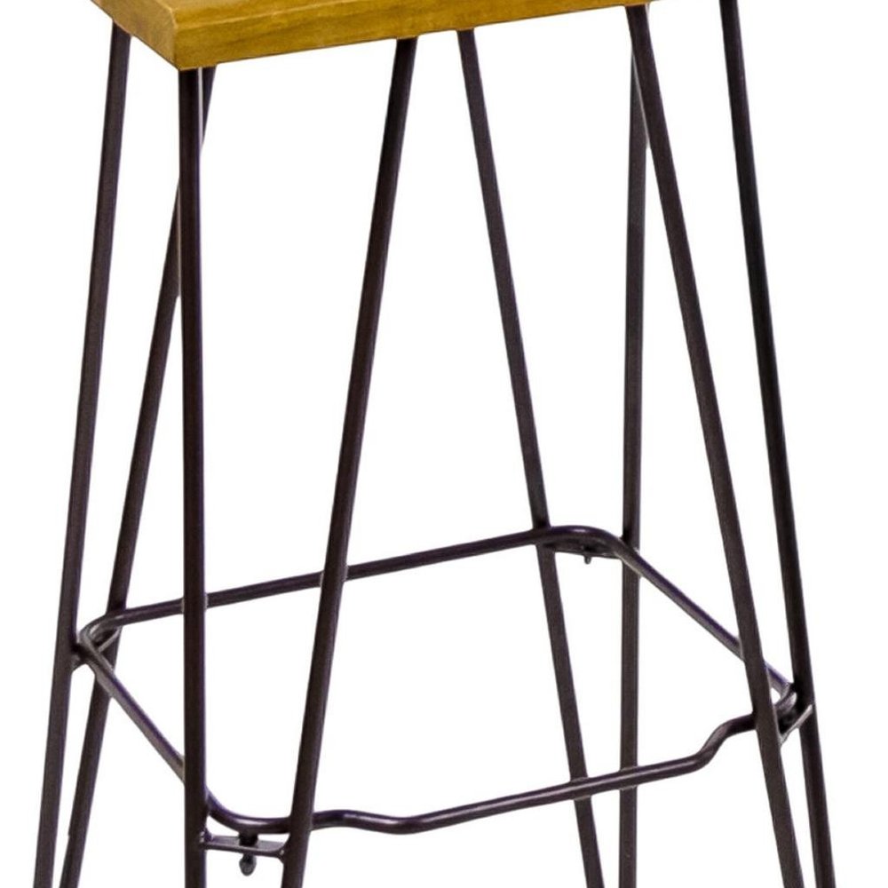 Set of Two 30" Brown and Natural Solid Wood Low Back Outdoor Bar Height Chairs on a white background