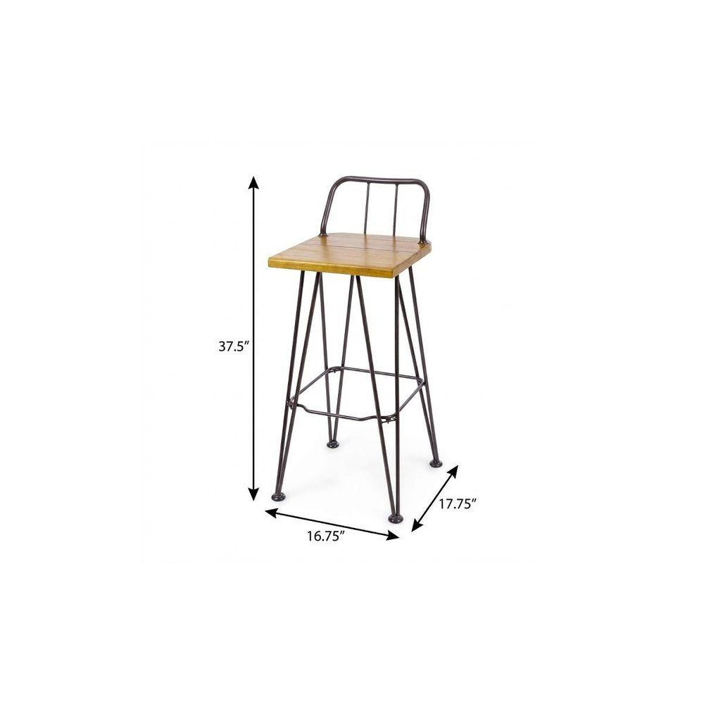 Set of Two 30" Brown and Natural Solid Wood Low Back Outdoor Bar Height Chairs on a white background