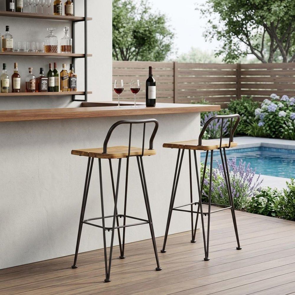 Set of Two 30" Brown and Natural Solid Wood Low Back Outdoor Bar Height Chairs in a home interior