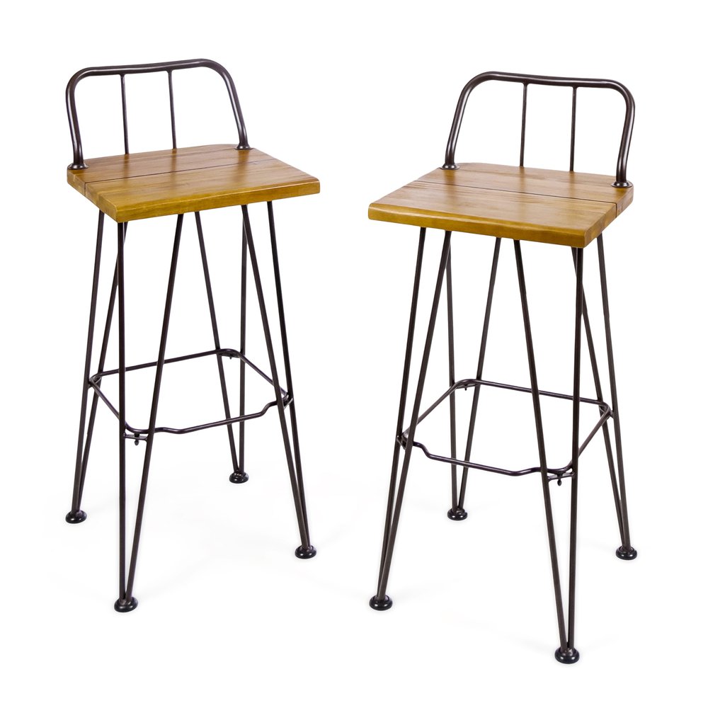 Two brown and natural solid wood low back bar height chairs with black metal legs on a white background.