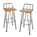 Set of Two 30" Brown and Natural Solid Wood Low Back Outdoor Bar Height Chairs on a white background