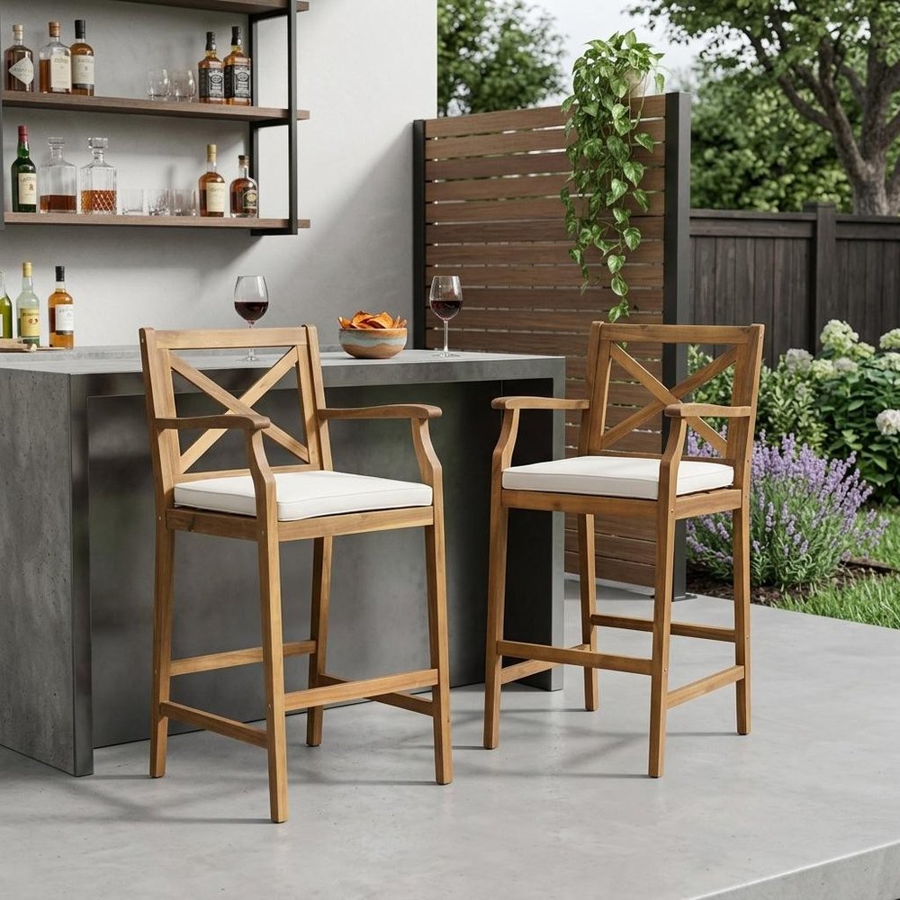 Set of Two 30" Brown Solid Wood Outdoor Bar Height Chairs in a home interior